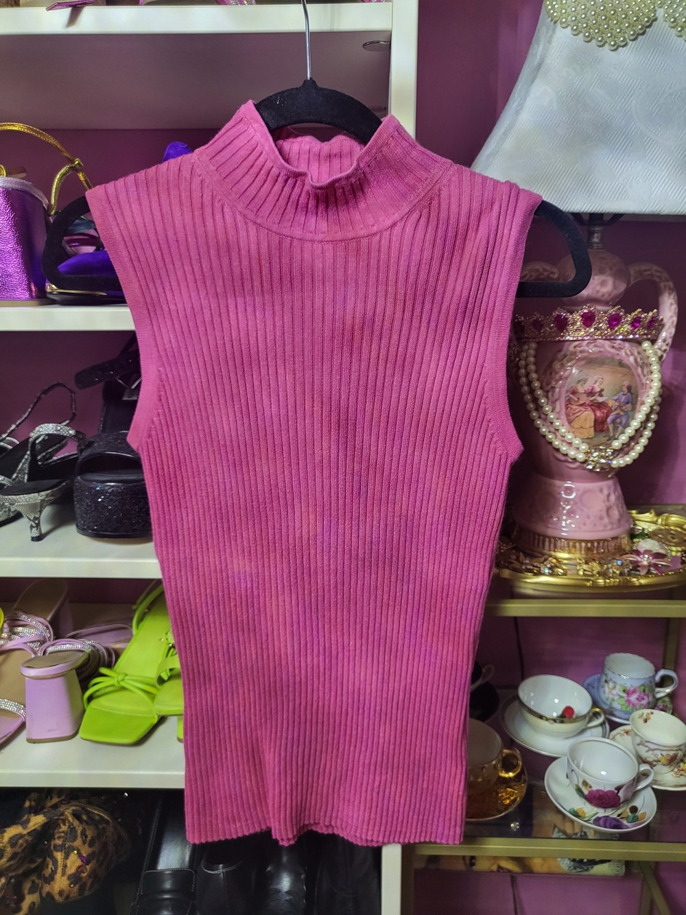 Sleeveless Ribbed Mock Neck Top - Pink